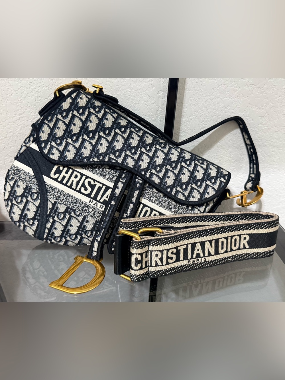Dior Black and Ivory Saddle Shoulder Bag with Logo Pouchette